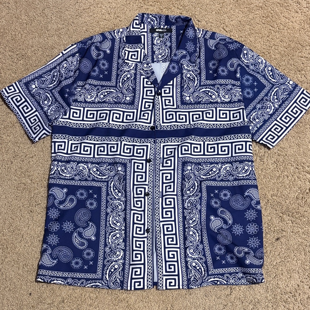 Fashion Nova Blue and White Geometric Shirt